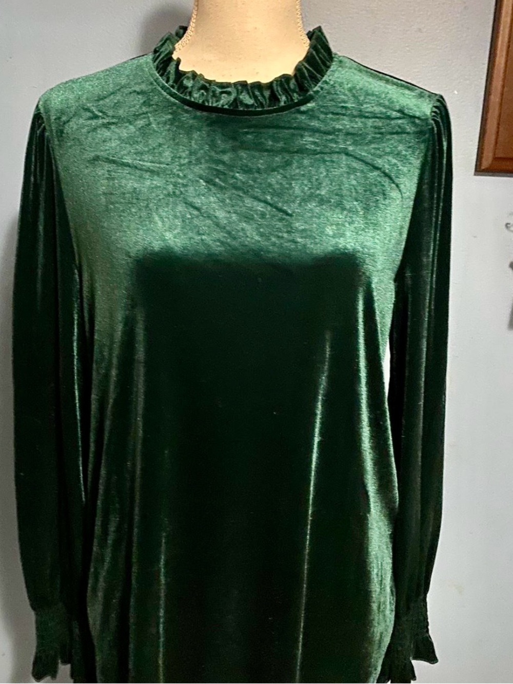 Velvet Ruffle Neck Long-Sleeve Top - Emerald Green